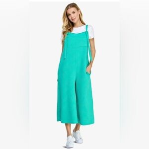 Turquoise/Mint Textured Knit Crop Wide Leg Overall Loose Bib Jumpsuits Turquoise